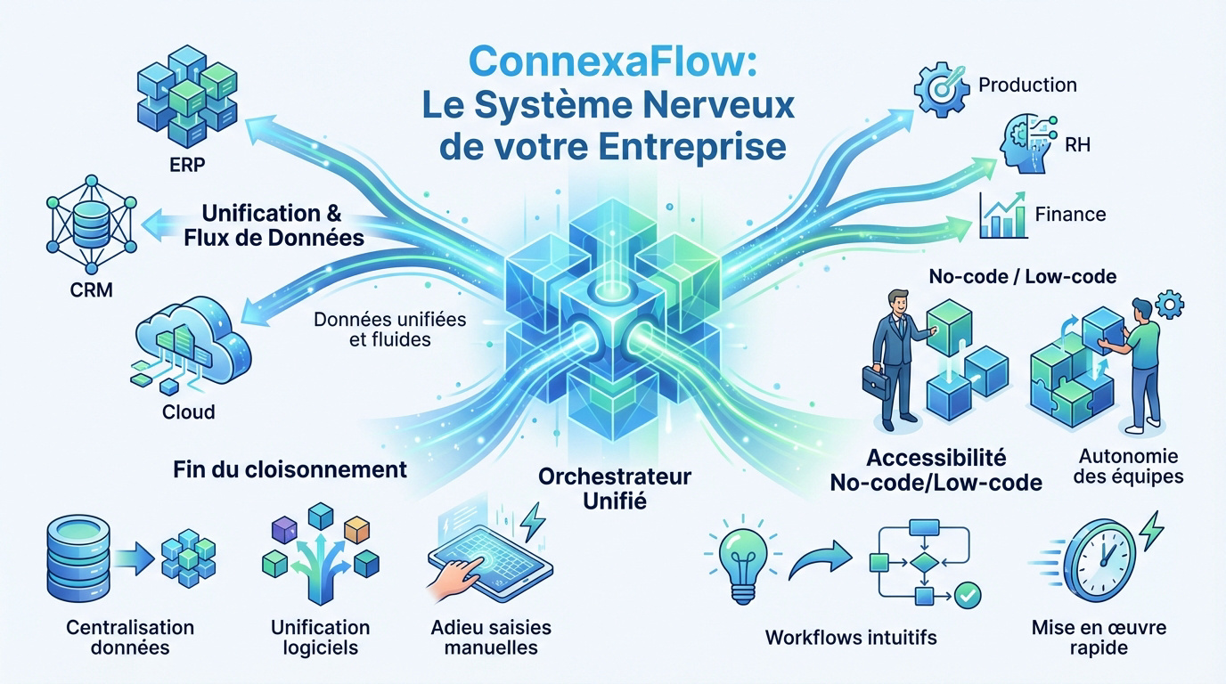 Interface de l'orchestrateur de flux ConnexaFlow pour entreprises