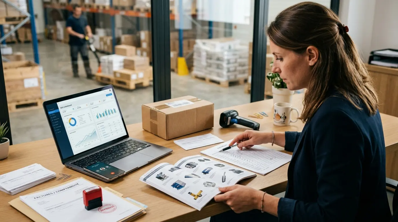 Bureau organisé d'un responsable achats avec catalogue, checklist et outils B2B, illustrant le workflow d'abs distributing.