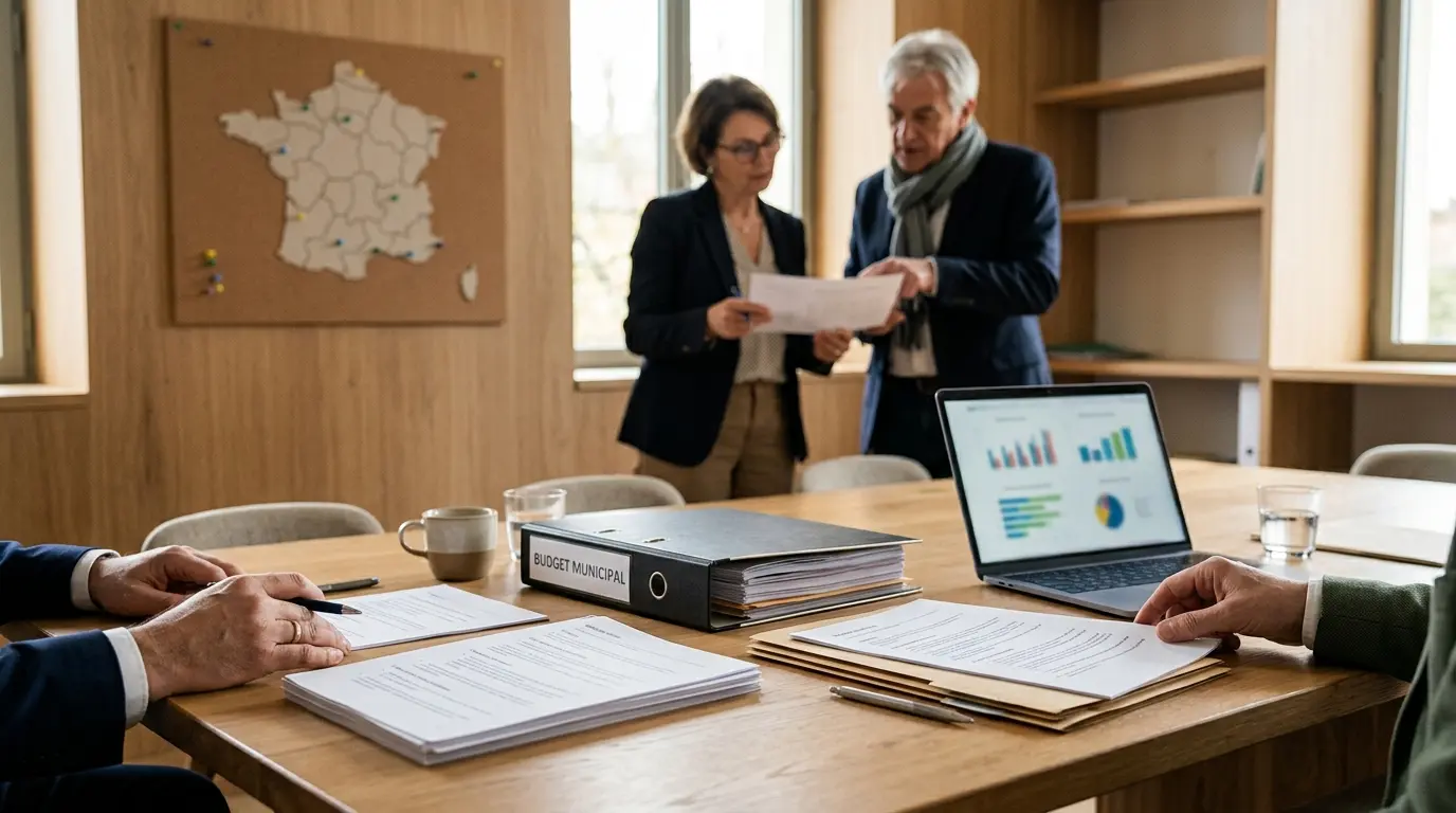 Scène d'un bureau de mairie avec documents, budget et professionnels discutant, illustrant l'approche adcf de la gouvernance.