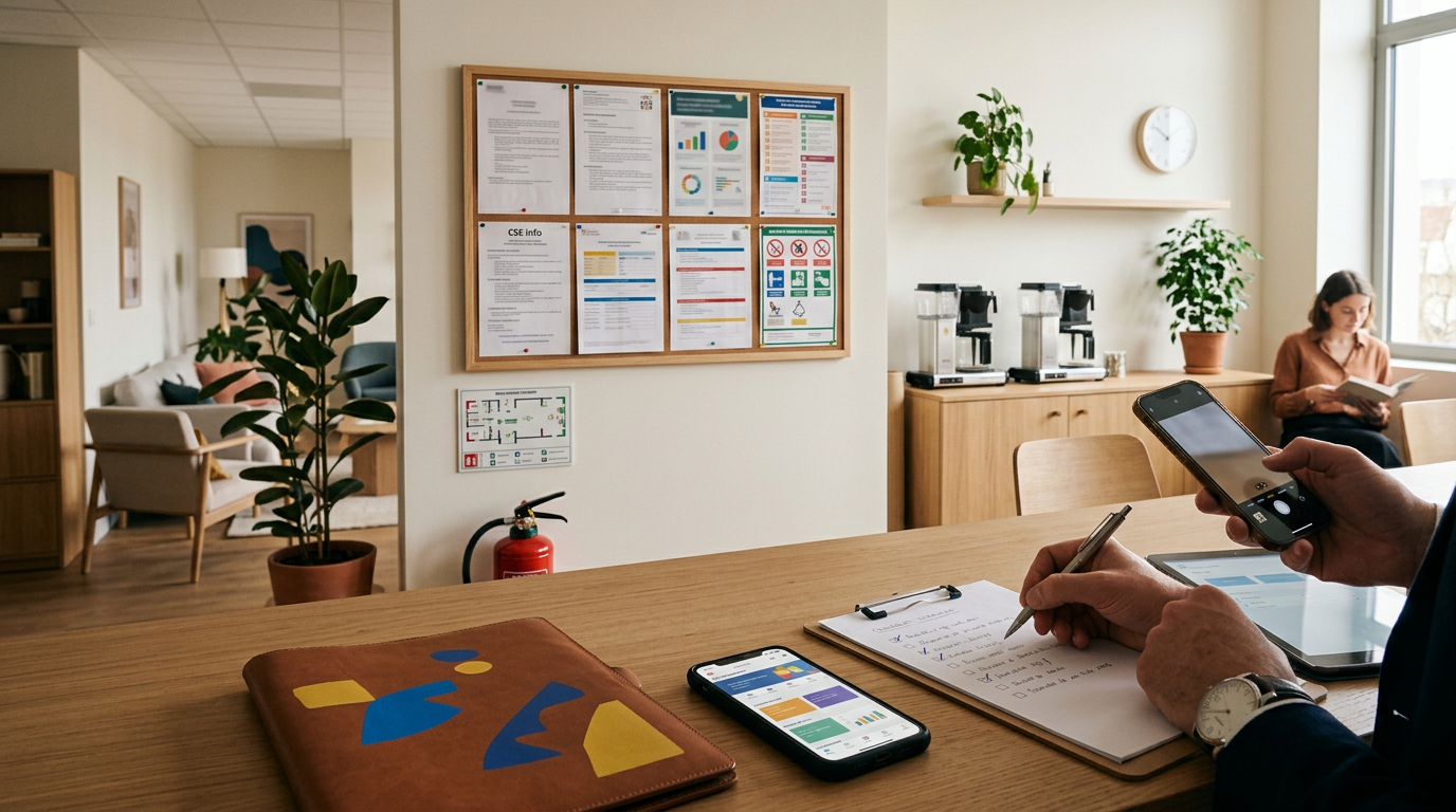 Couloir d'entreprise moderne avec affichages obligatoires en entreprise sur un tableau, checklist et outils de conformité.