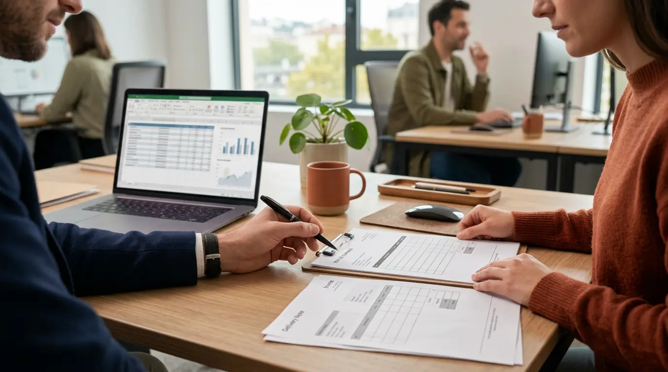 Bureau moderne B2B avec un bon de commande imprimé, un ordinateur portable et des documents prêts à être validés.
