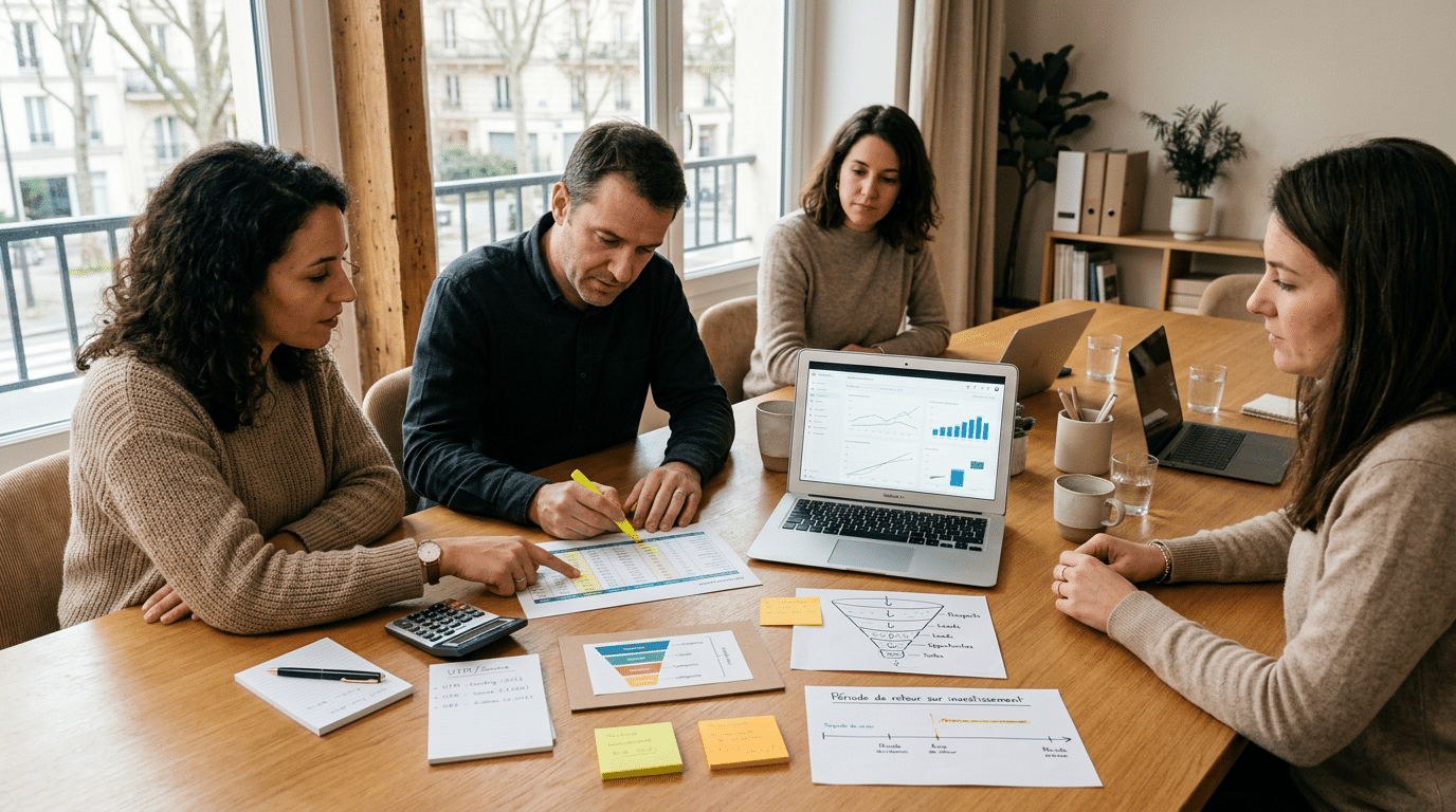 Équipe française analysant le calcul roi rezoactif avec un tableau de bord d'analytique et des KPI mensuels.