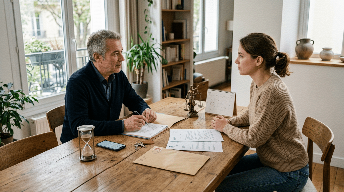 Couverture d'article illustrant une discussion entre un propriétaire et un locataire sur la clause de résiliation de plein droit visale dans un appartement moderne.