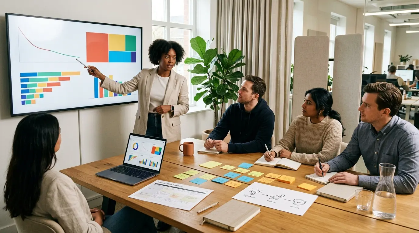 Client success manager animant une réunion stratégique sur la rétention avec une équipe autour d'une table en bois.