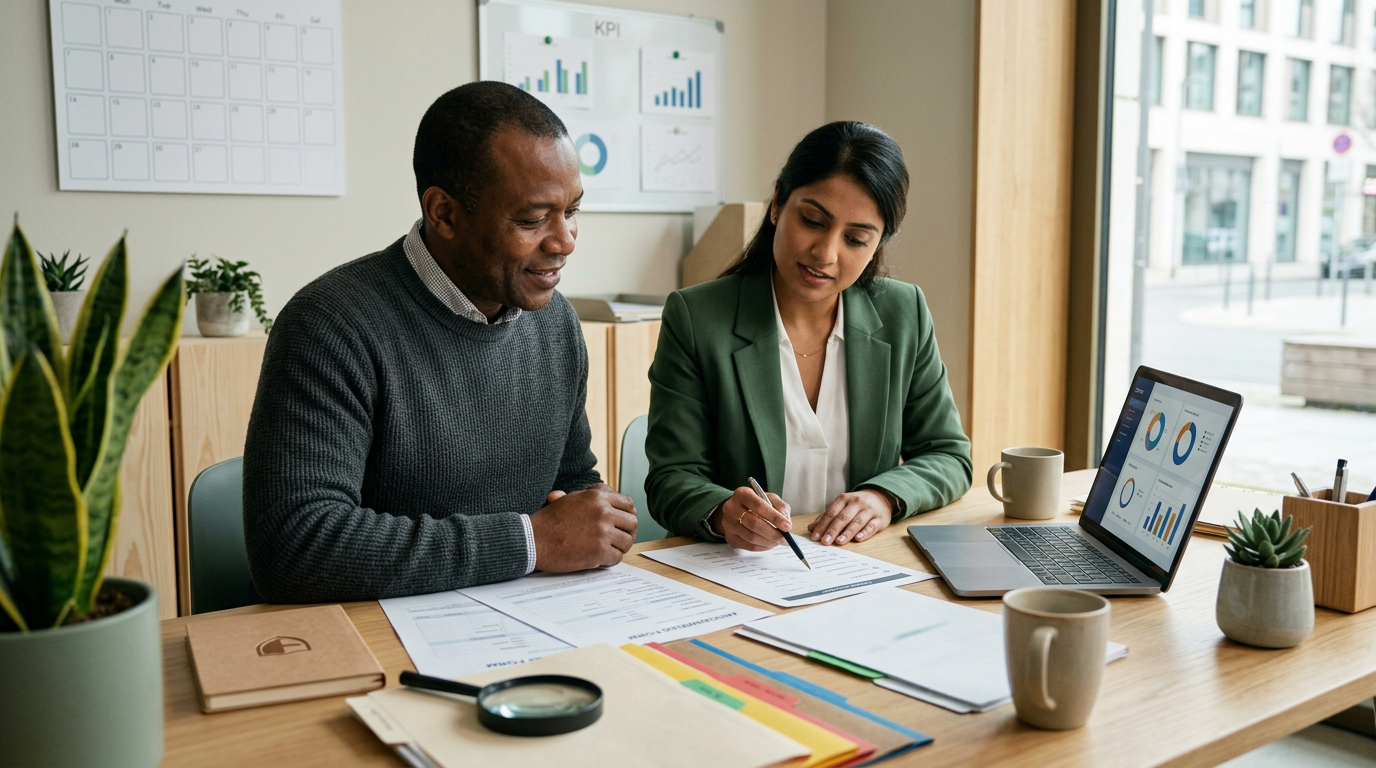 HR et consultant d'une compliance staffing agency collaborent sur des documents d'intégration dans un bureau moderne.