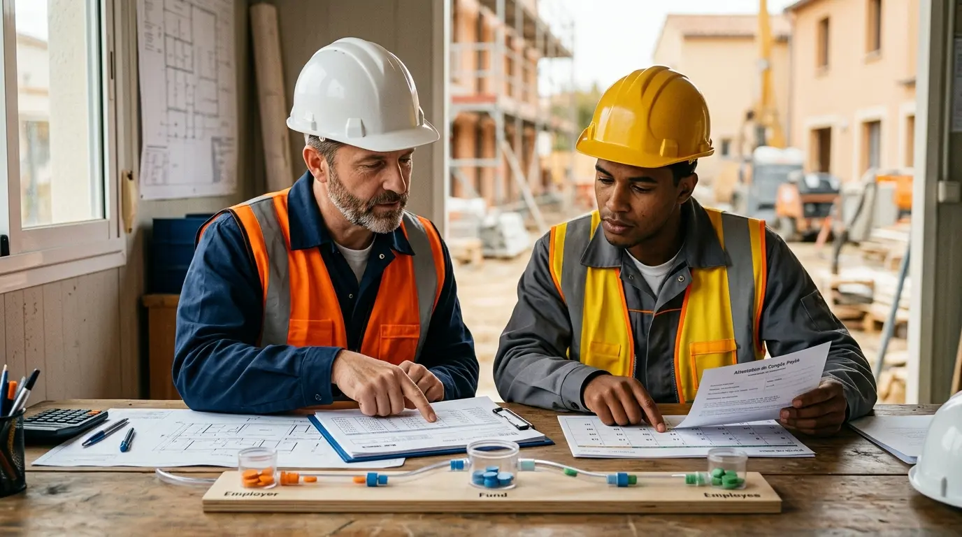 Scène de bureau sur un chantier, gestion des congés payés du bâtiment avec un manager et un ouvrier examinant des documents.