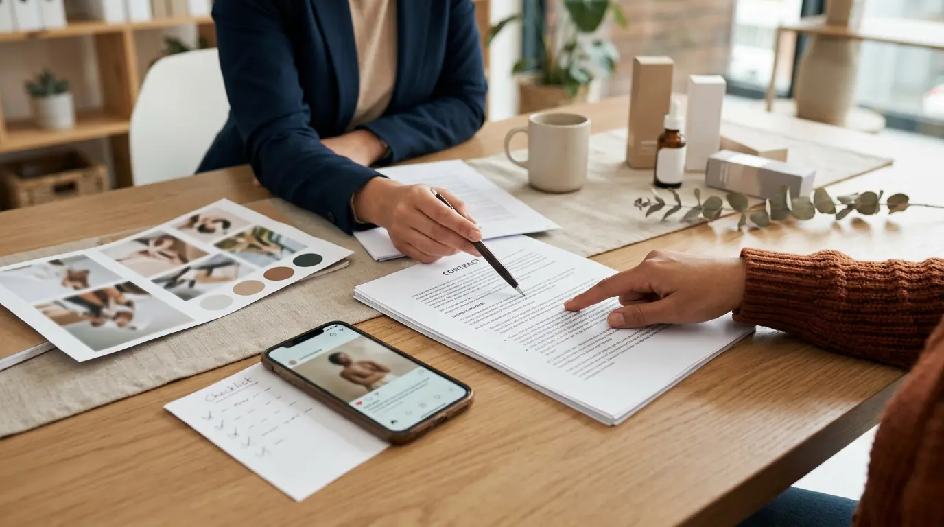 Couverture d'article illustrant un contrat d'egerie def avec des professionnels examinant des clauses de campagne de marque.