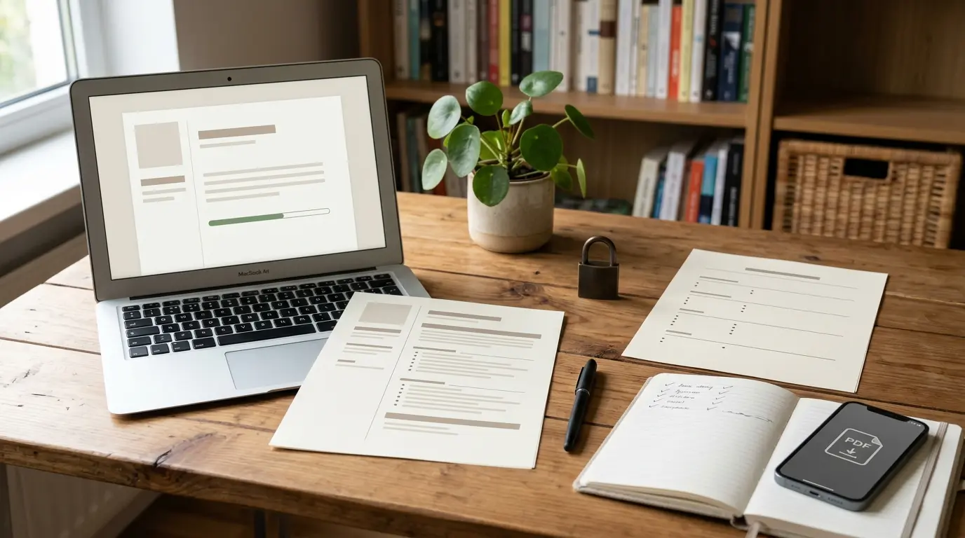 Bureau organisé avec un ordinateur et un CV minimaliste, idéal pour creer un cv gratuitement dans un cadre apaisant.