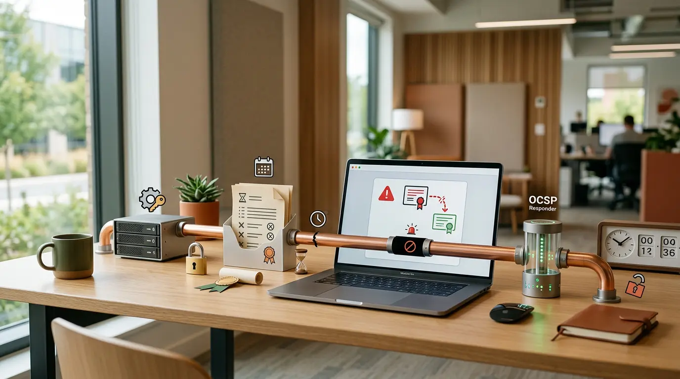 Couverture illustrant le dépannage CRL dans un environnement PKI, avec un espace de travail IT calme et des éléments symboliques.