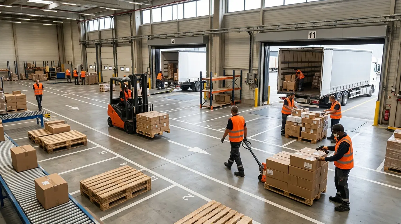 Scène photoréaliste d'un hub logistique cross docking avec camions, palettes en mouvement et personnel en action.
