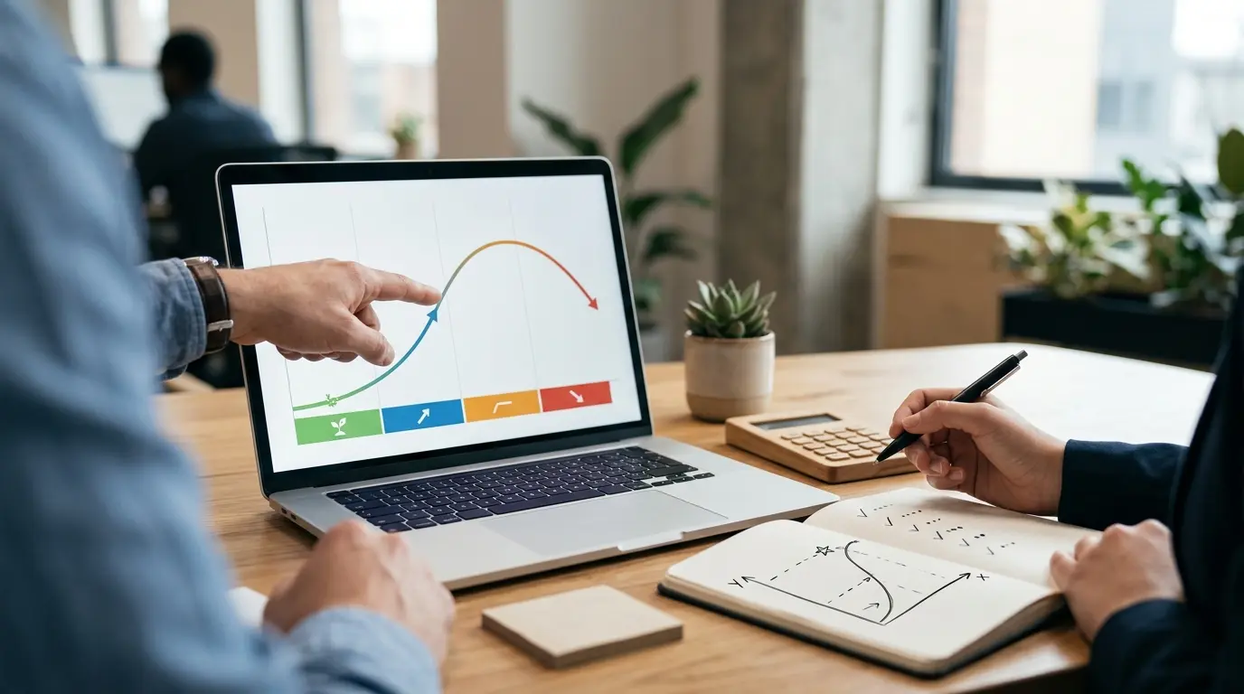 Bureau moderne avec un ordinateur affichant le cycle de vie d un produit, des mains professionnelles et des éléments de travail.