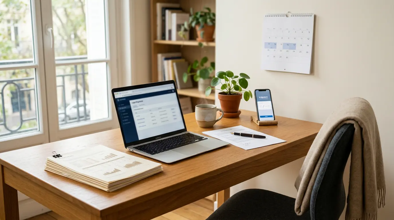 Bureau organisé avec documents financiers et ordinateur, évoquant le depot de bilan pendant arret maladie dans un cadre apaisant.