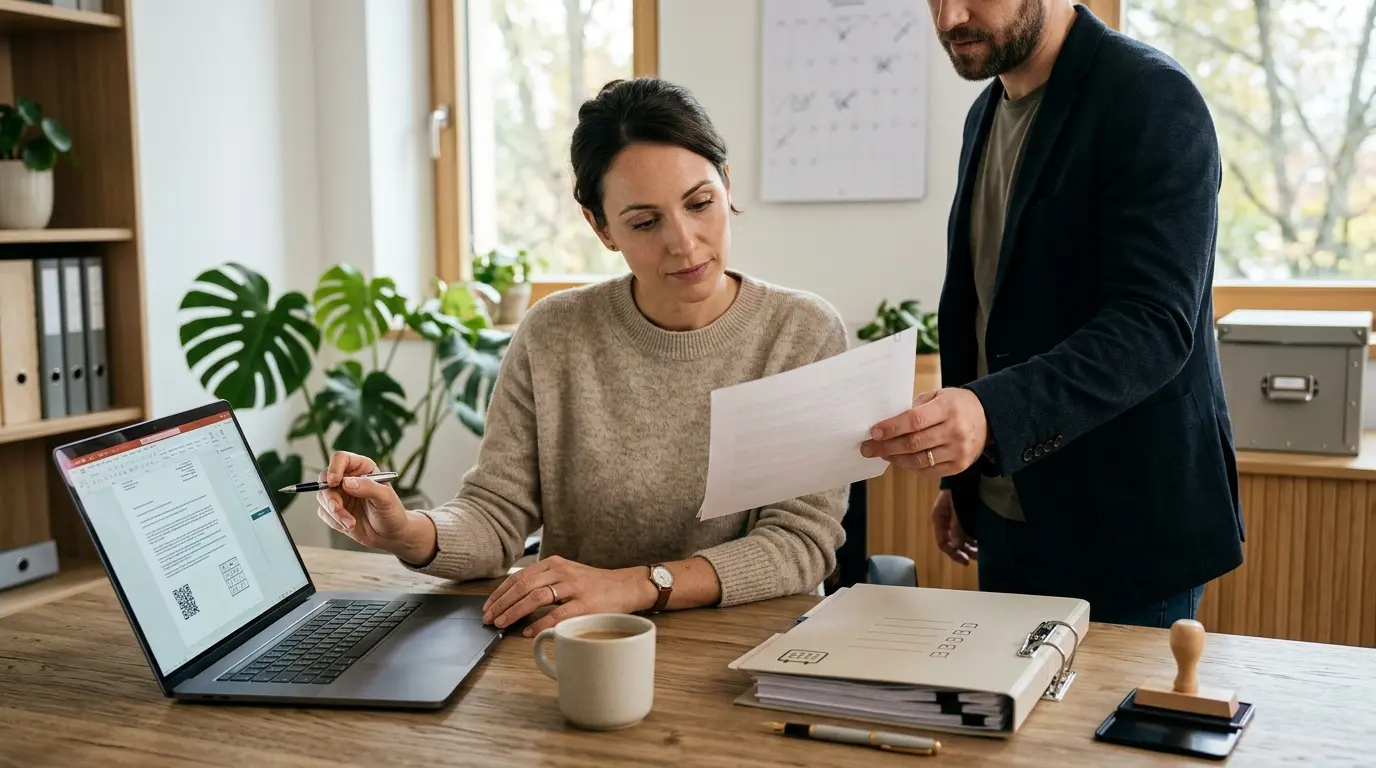 Professionnel examine un document PDF d'e-attestation sur un laptop, tandis qu'un fournisseur remet un PDF imprimé, ambiance organisée.