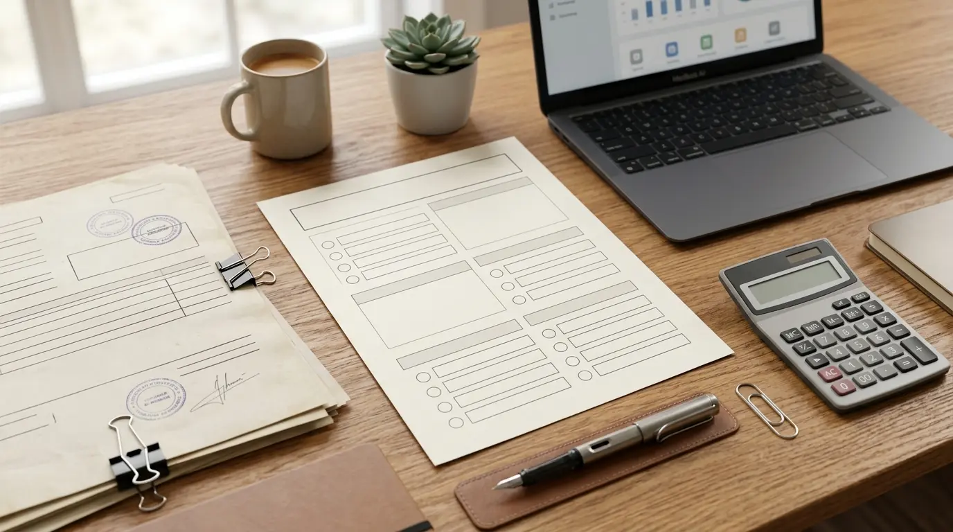 Fiche d identité entreprise sur un bureau en bois, avec documents, calculatrice et accessoires de bureau, ambiance professionnelle.
