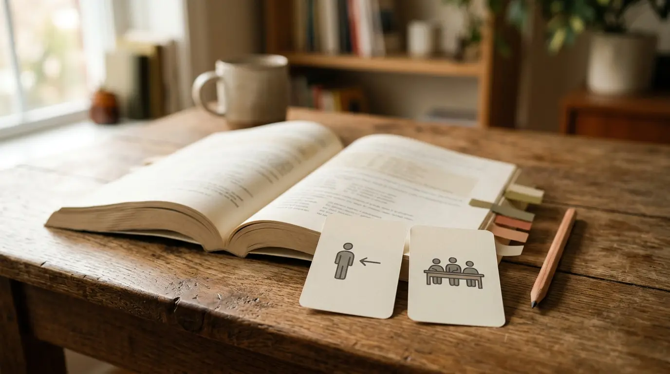 Couverture d'article illustrant la grammaire italienne avec un livre ouvert, des cartes et des icônes sur un bureau en bois, évoquant gli.