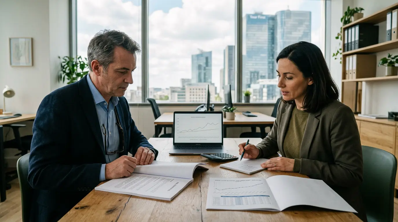 Bureau moderne français avec un propriétaire et un locataire examinant un contrat, illustrant l'indexation ILAT.
