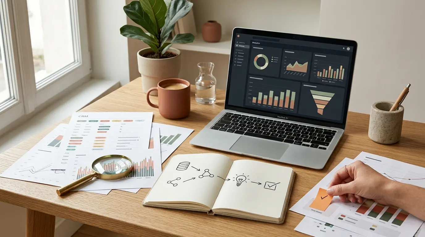 Bureau minimaliste illustrant l'insights definition avec un ordinateur, graphiques, notes et une main prenant une décision.