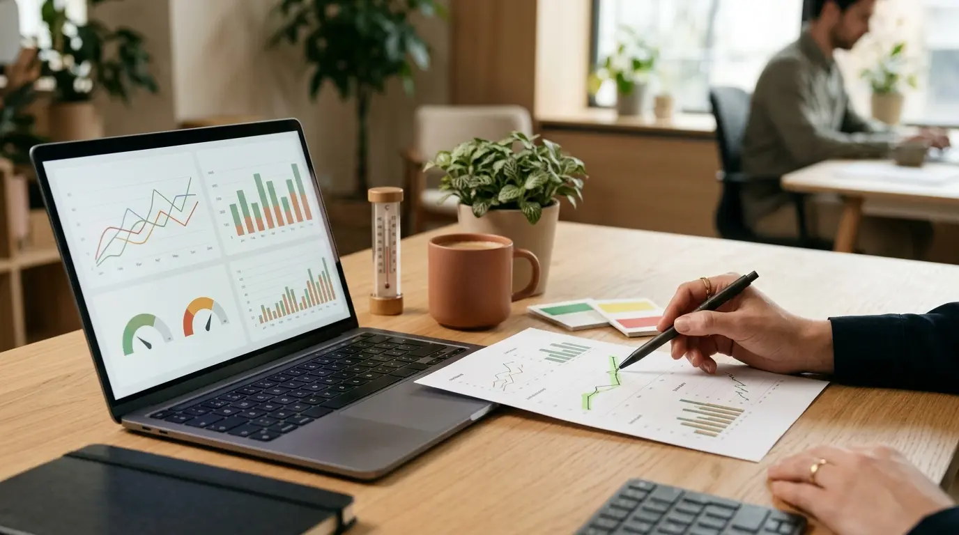 Bureau moderne avec un ordinateur affichant des graphiques, illustrant la kpi signification et la prise de décision.