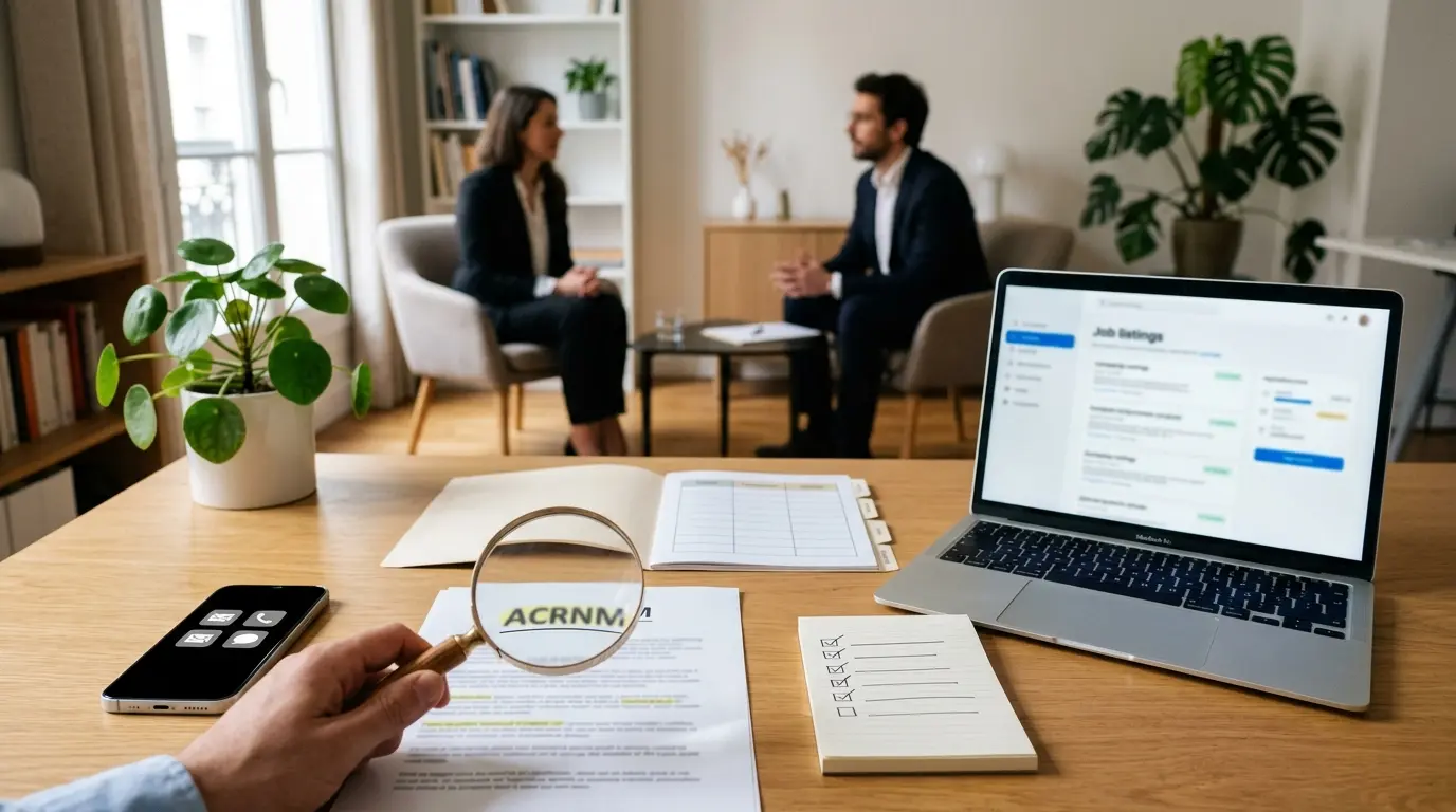 Bureau chaleureux avec un document soulignant lcde, un ordinateur, un carnet de notes et une interview HR en arrière-plan.