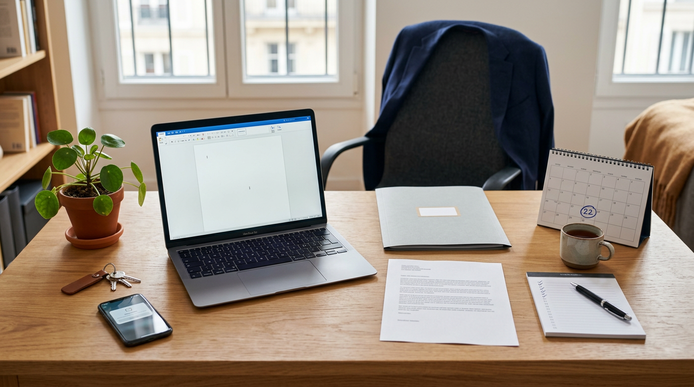 Bureau élégant avec un ordinateur, une lettre de motivation pour renouveler un contrat, un calendrier et une tasse de thé.