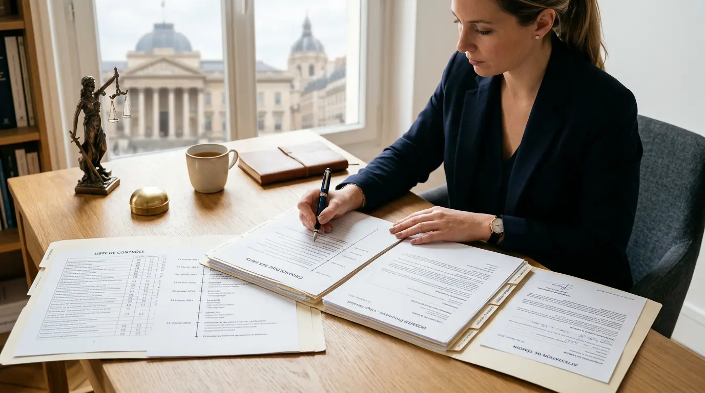 Bureau moderne avec dossier sur licenciement faute grave, documents organisés, ambiance professionnelle et calme.