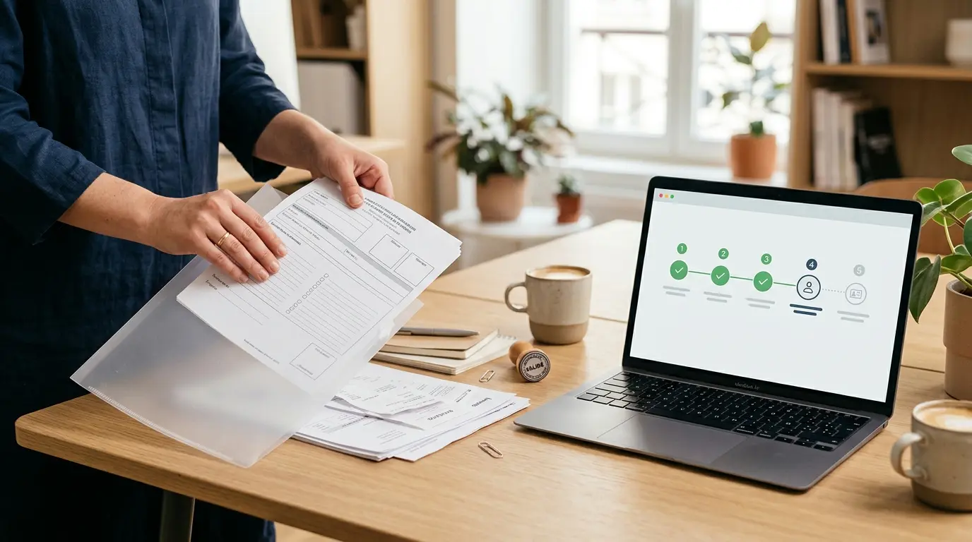 Bureau organisé illustrant la loi simplification, avec documents rangés, ordinateur et ambiance professionnelle apaisante.
