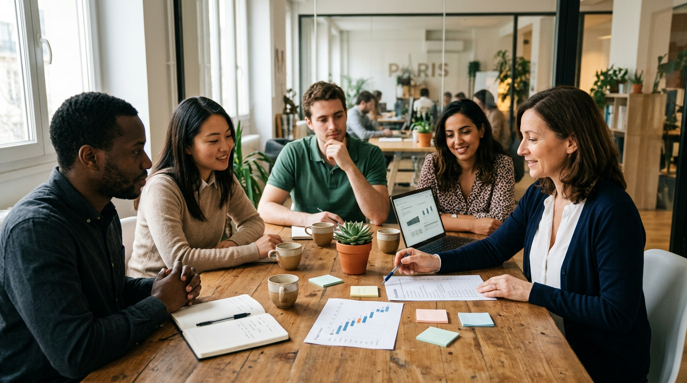 Couverture d'article illustrant des management directives avec un leader guidant une équipe diverse dans un bureau moderne.