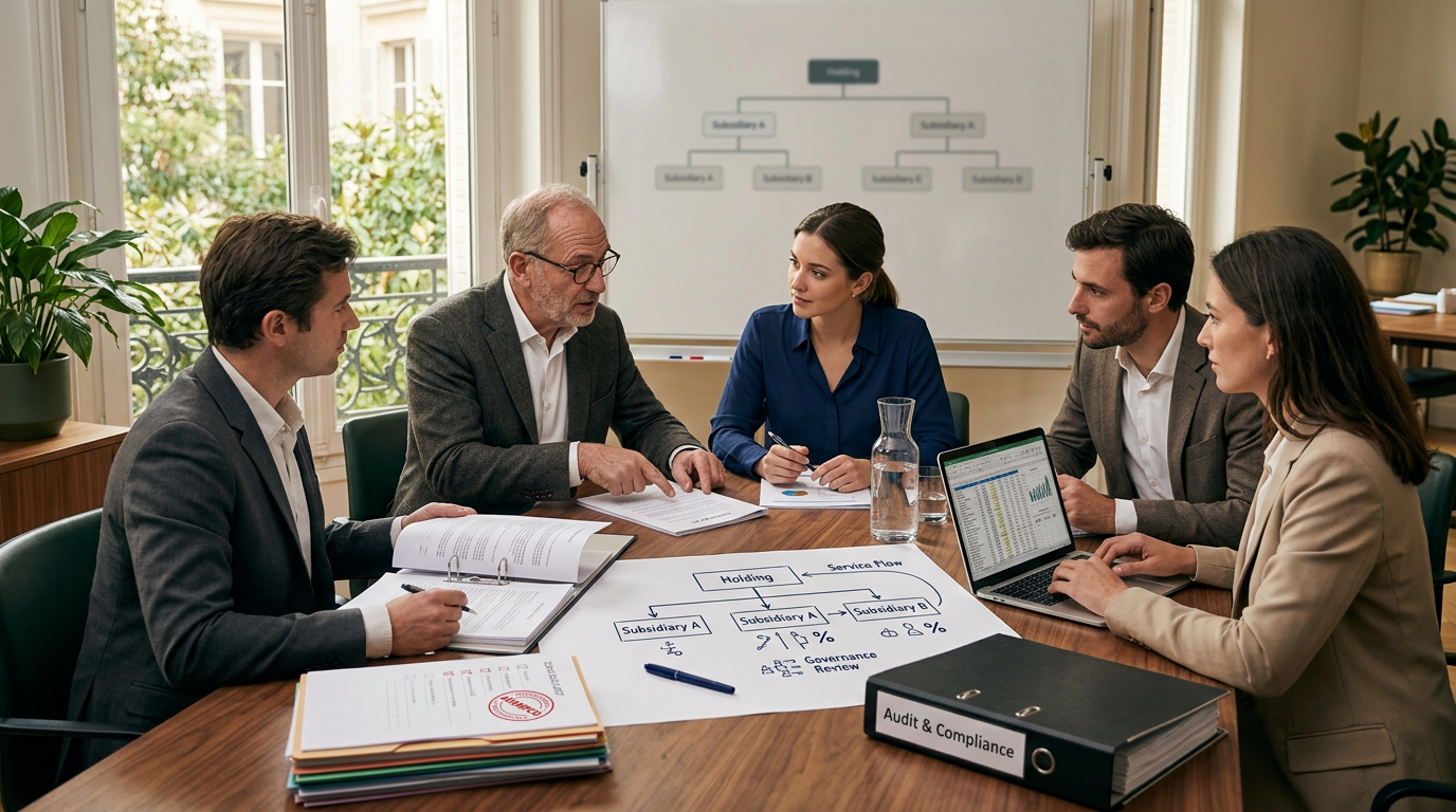 Réunion d'équipe autour d'une table, examinant contrats et rapports financiers sur les "management fees" dans un bureau moderne.