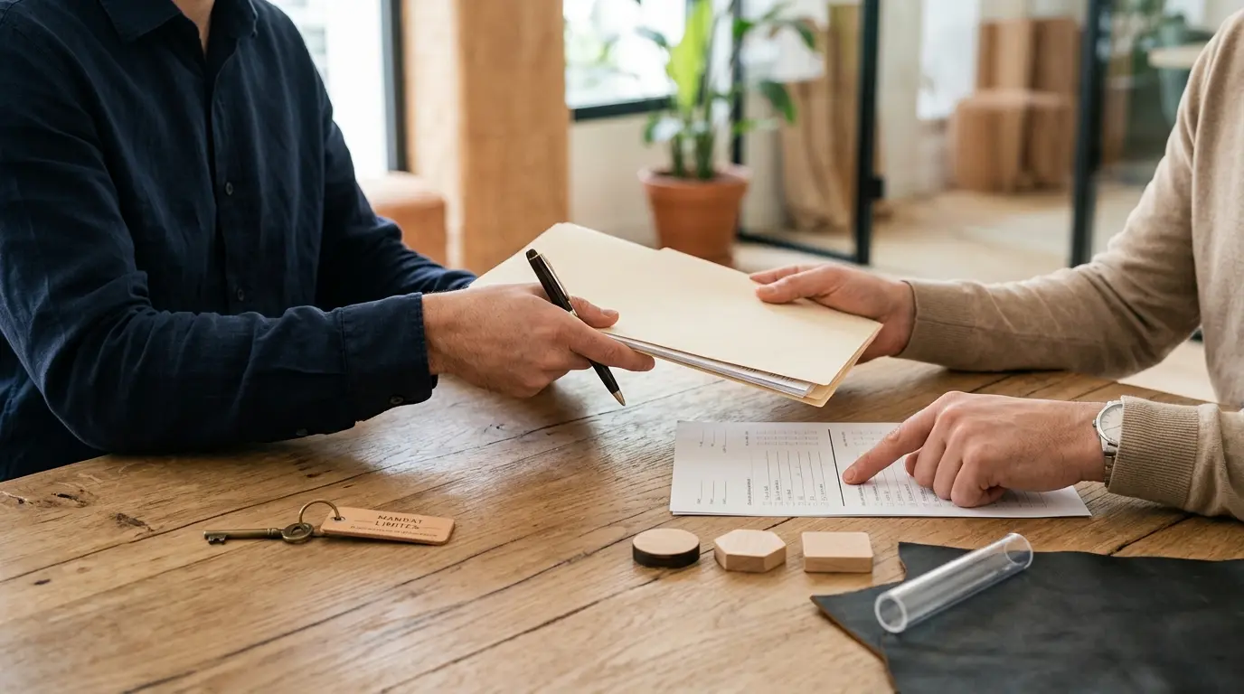 Couverture d'article illustrant la mandant définition avec des mains échangent un dossier dans un cadre professionnel.