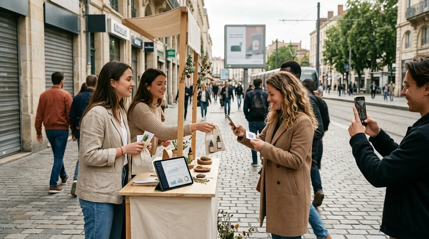 Scène de marketing alternatif avec des ambassadeurs de marque distribuant des échantillons sur un trottoir français.