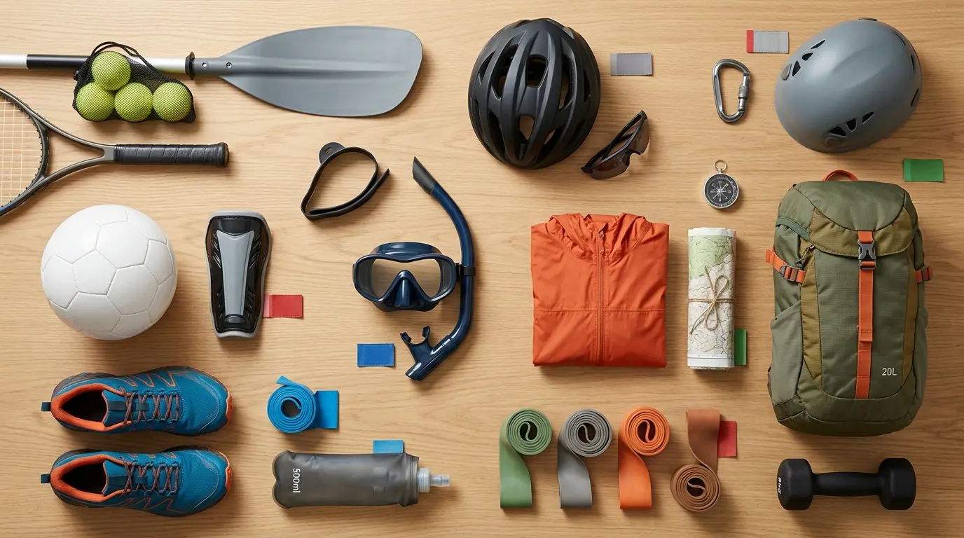 Sélection d'équipements sportifs de la marque decathlon sur une table en bois, organisée pour une comparaison visuelle.