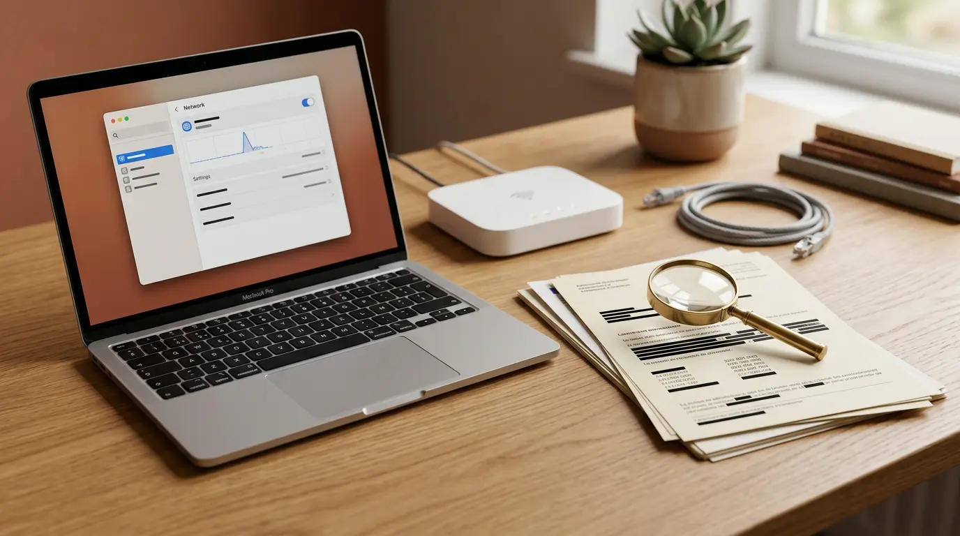 Bureau minimaliste avec un ordinateur, documents administratifs et matériel réseau, illustrant la confusion autour de "nic".