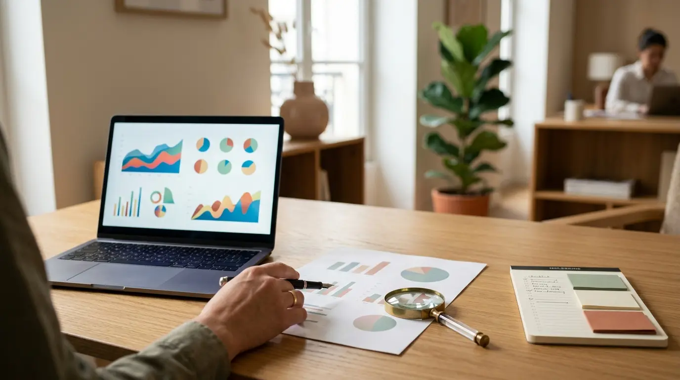 Scène d'analyse business avec un ordinateur, graphiques de part marché, et éléments de données sur un bureau en bois.