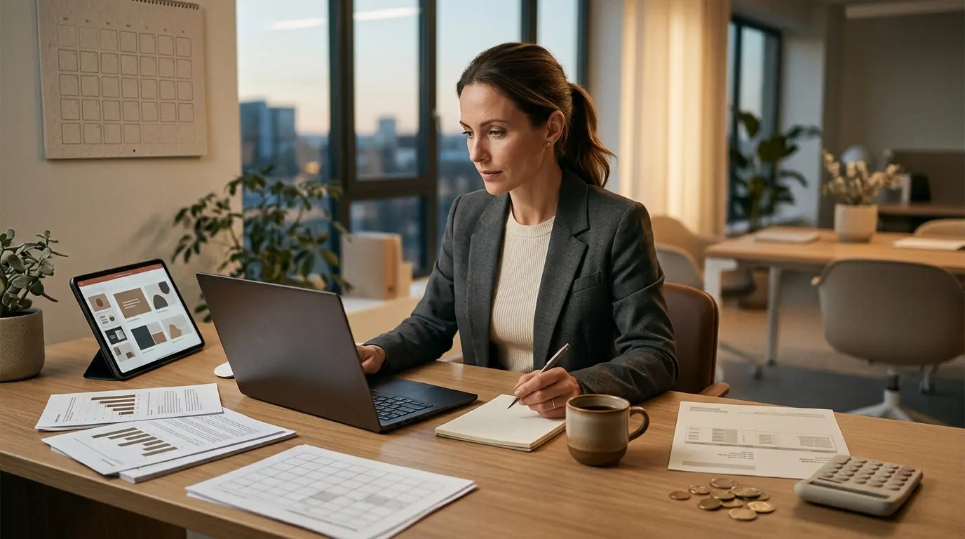 Couverture d'article montrant un professionnel français utilisant picktochart dans un bureau calme, préparant un rapport et une présentation.