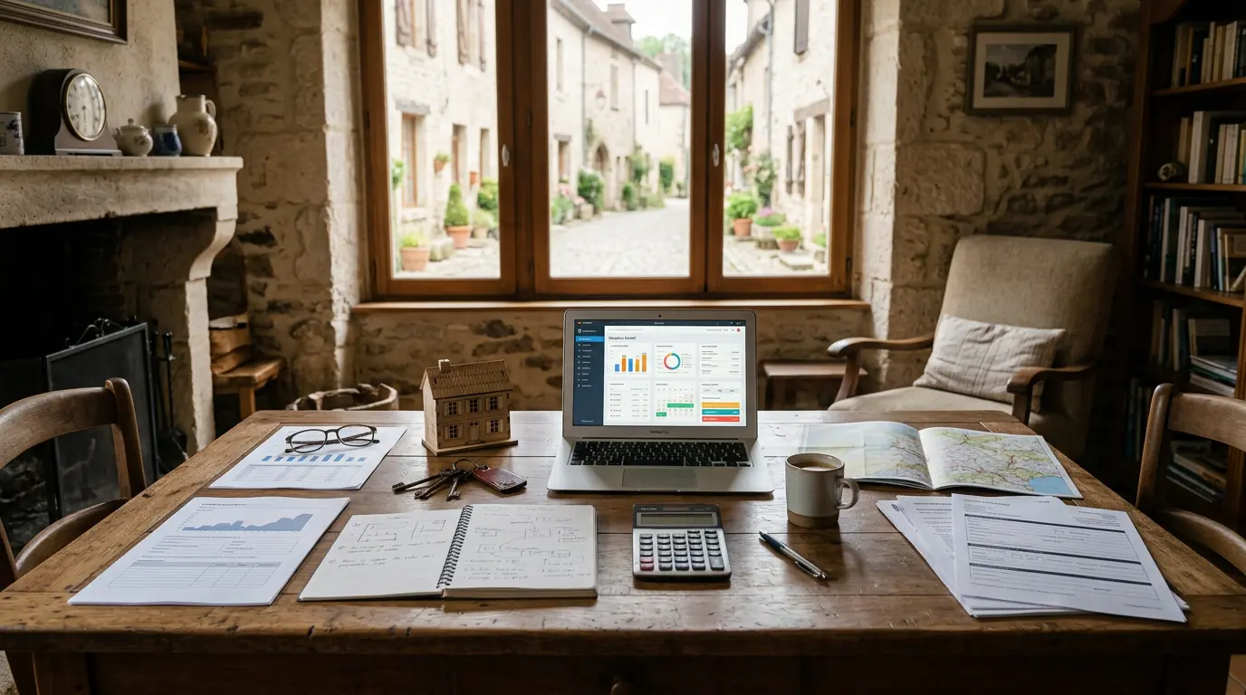 Scène d'une résidence secondaire avec documents, ordinateur et accessoires pour la gestion d'une maison de vacances.