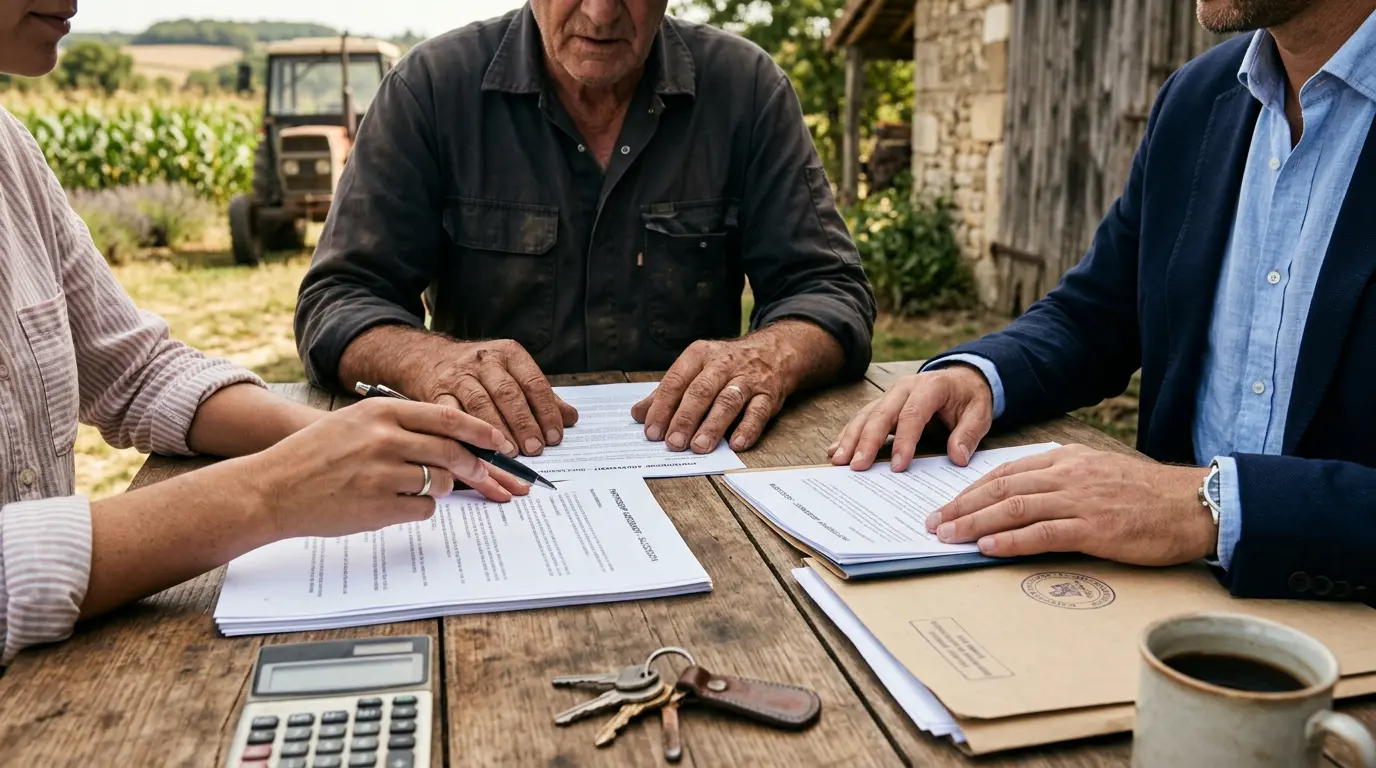 Scène photoréaliste sur une ferme française avec des mains examinant un accord de partenariat SCEA sur une table rustique.