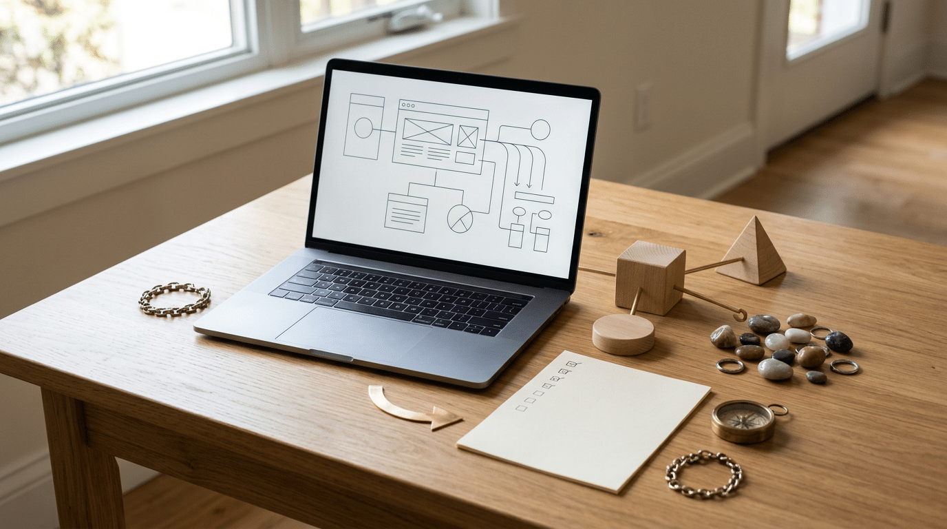 Bureau moderne avec un ordinateur, diagramme de stratégies de domaines, éléments SEO et ambiance professionnelle.