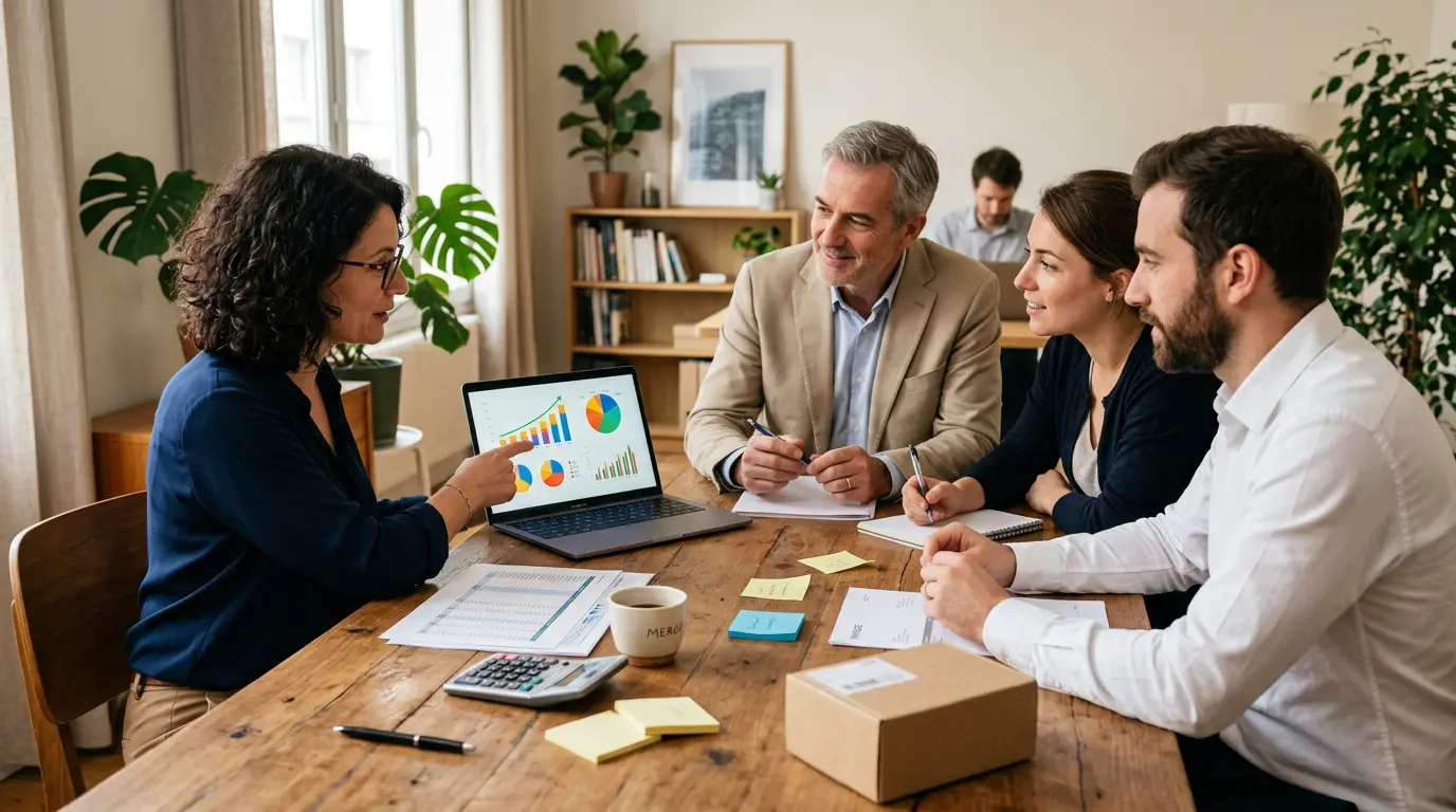 Professionnels en réunion autour d'une table, discutant du taux de marge calcul avec un ordinateur et des graphiques colorés.