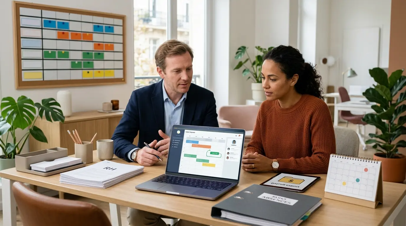 Bureau moderne français avec un manager et un spécialiste RH collaborant sur la gestion des congés avec timmi, ambiance organisée.