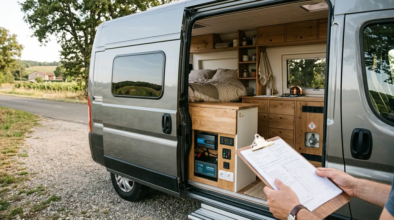 Camper van moderne avec intérieur soigné, documents de vasp en main, ambiance calme et sécurisée en pleine nature.