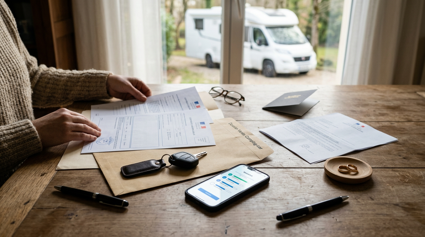 Table en bois avec documents légaux, clés de camping-car, alliances et carte de condoléances, évoquant vente camping-car cause décès divorce.