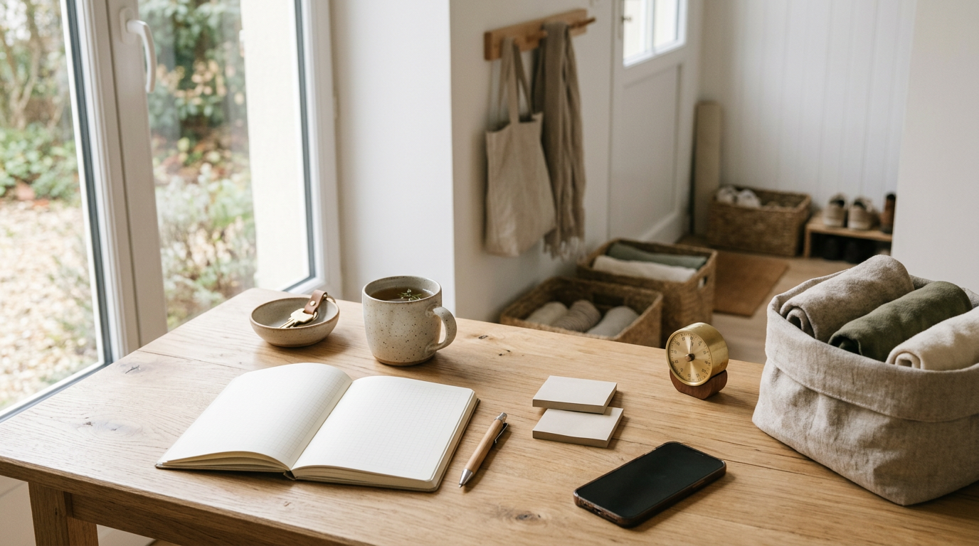 Espace de travail zen et organisée avec un bureau clair, un planner minimaliste, une tasse de thé et une ambiance apaisante.