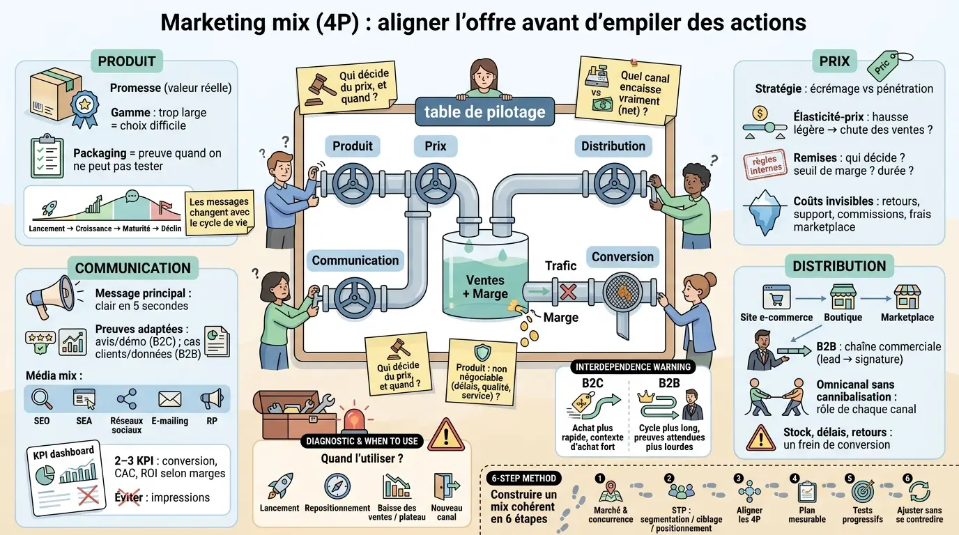 Infographie éducative sur le 4p marketing mix, illustrant l'interdépendance des éléments Produit, Prix, Distribution, Communication pour optimiser les ventes.