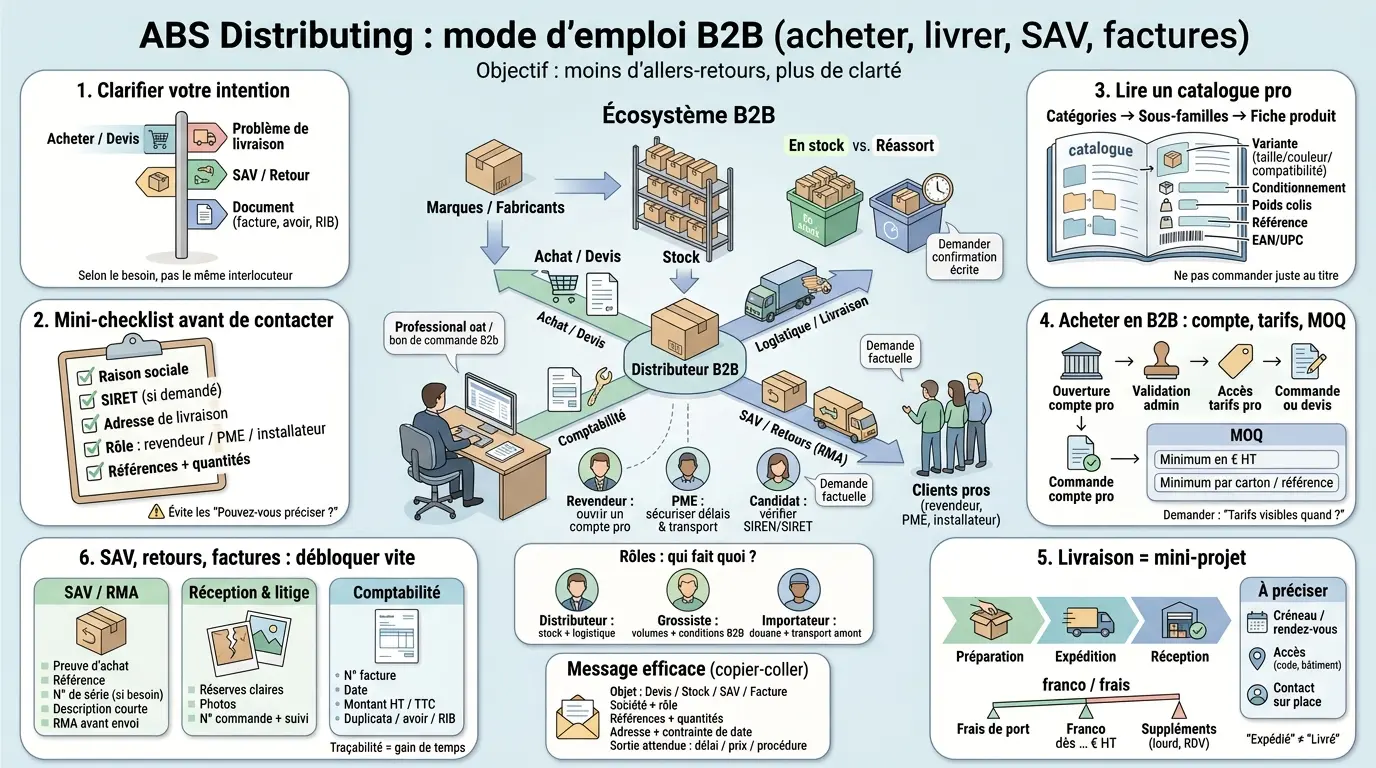 Infographie éducative sur l'interaction efficace avec un distributeur B2B, incluant ABS Distributing, et ses processus clés.