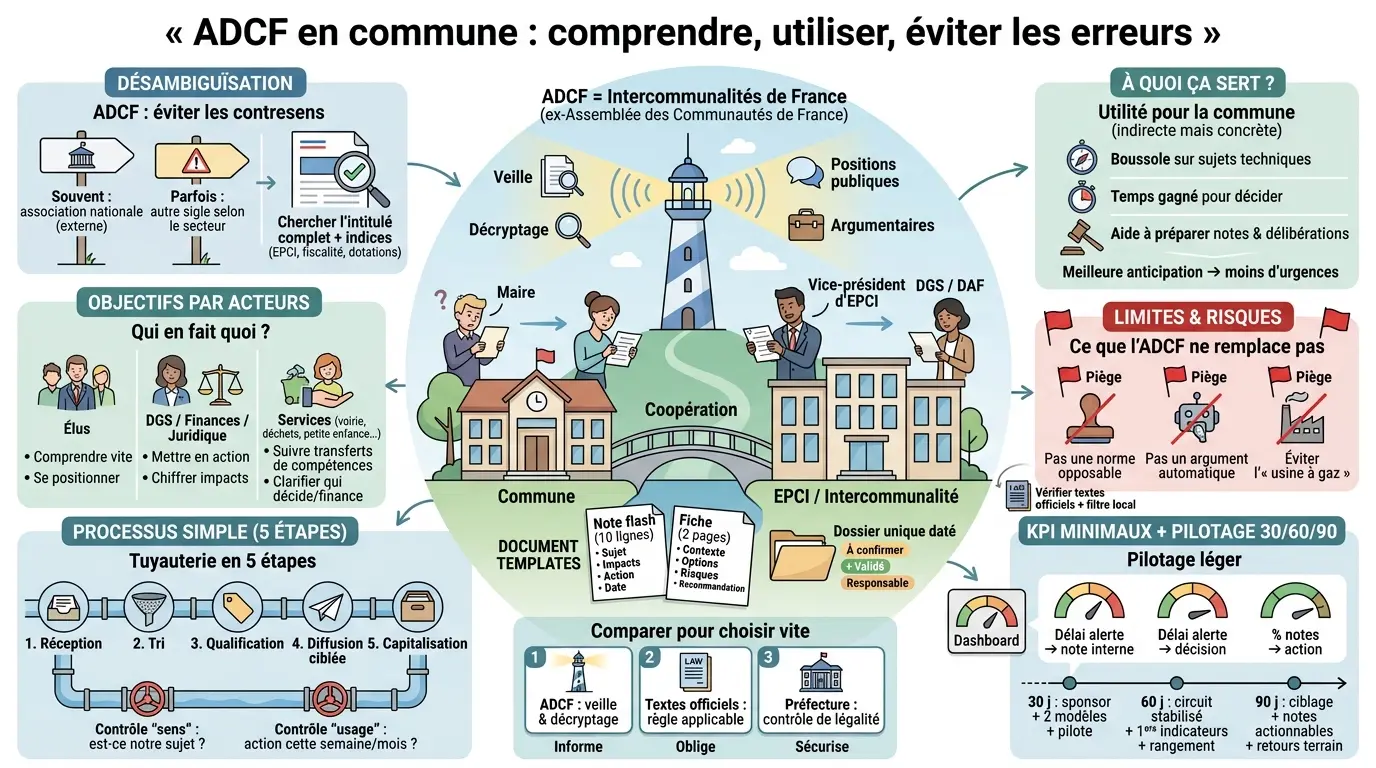 Infographie éducative sur l'adcf, illustrant la coopération entre mairie et intercommunalité avec des modules explicatifs.