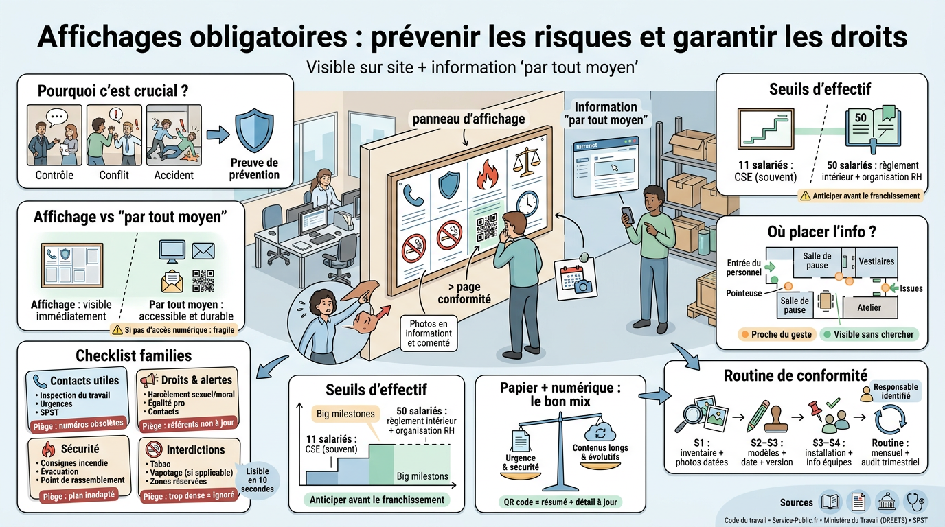 Infographie éducative sur les affichages obligatoires en entreprise, illustrant un espace de travail avec un panneau d'affichage et des modules explicatifs.