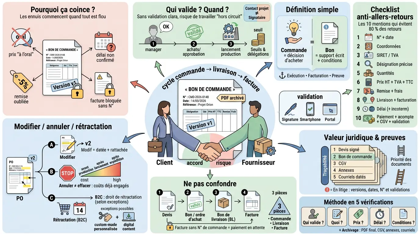 Infographie éducative illustrant le bon de commande, cycle commande-livraison-facture, validation et checklist anti-retours.