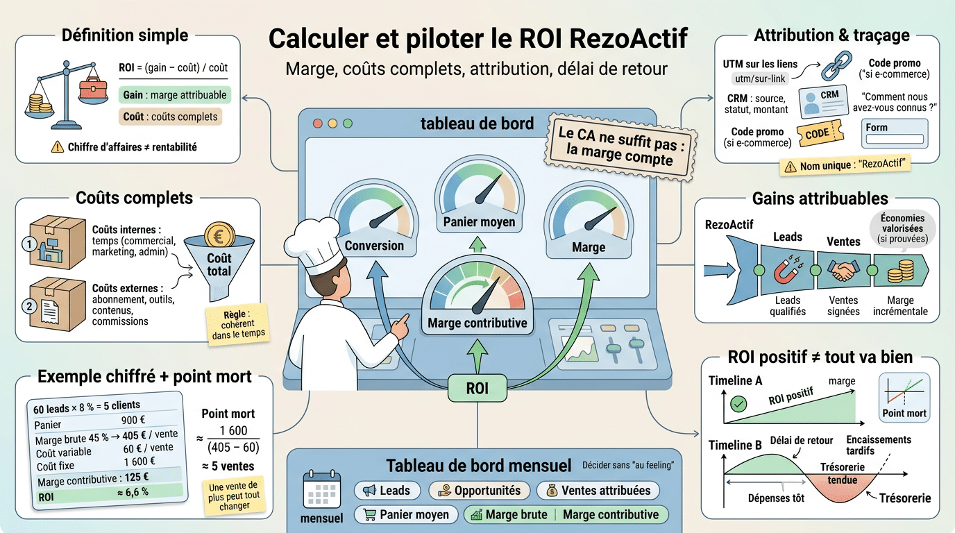 Infographie éducative sur le calcul roi rezoactif, montrant un tableau de bord avec des leviers clés et des modules explicatifs.