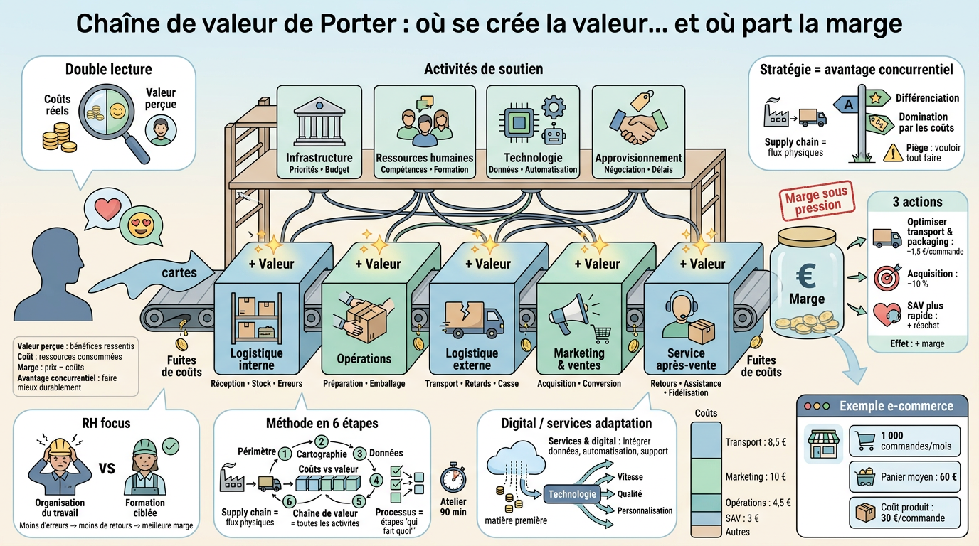 Infographie illustrant la chaine de valeur de Porter avec 9 blocs, ajout de valeur, fuites de coûts et activités primaires/soutien.