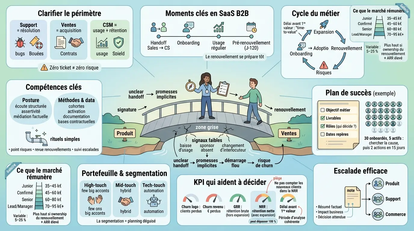 Infographie illustrant le rôle du client success manager, reliant produit, support et ventes via un pont symbolique.
